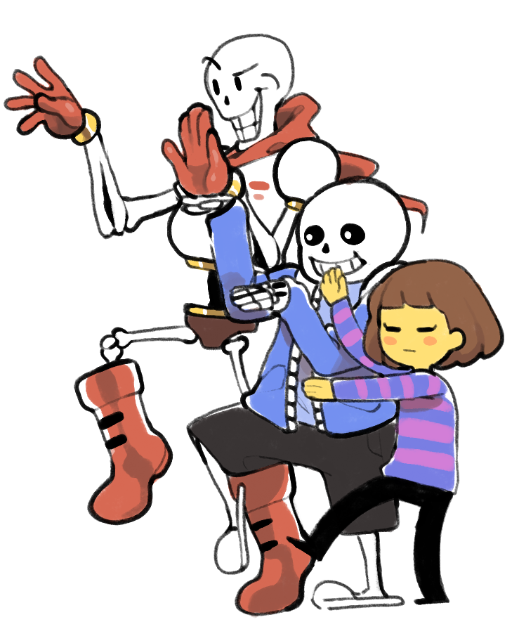 androgynous, armor, blush_stickers, boots, brown_hair, closed_eyes, frisk_(undertale), height_difference, hoodie, inkerton-kun, multiple_boys, papyrus_(undertale), sans_(undertale), shirt, simple_background, skeleton, slippers, smile, striped, striped_shirt, undertale, white_background, yellow_skin, yotsubato!, yotsubato!_pose