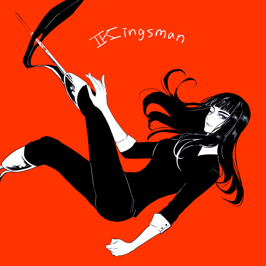 1girl, amputee, bangs, black_hair, blade, blood, double_amputee, gazelle_(kingsman), highres, kicking, kingsman:_the_secret_service, long_hair, prosthesis, prosthetic_leg, solo, utsumi62