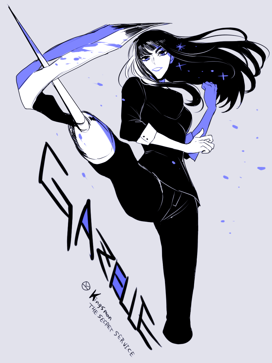 1girl, amputee, bangs, black_hair, blade, gazelle_(kingsman), highres, kicking, kingsman:_the_secret_service, long_hair, prosthesis, prosthetic_leg, solo, utsumi62
