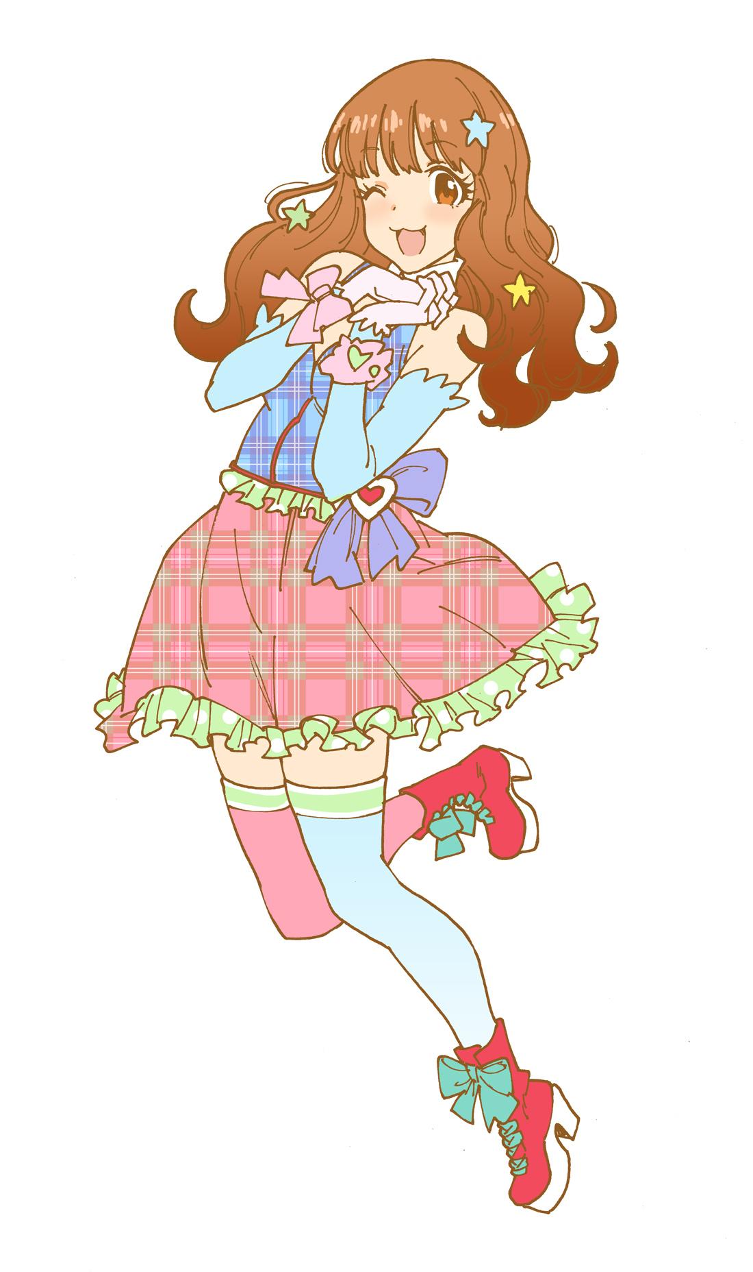 1girl, :3, asymmetrical_legwear, boots, brown_eyes, brown_hair, detached_sleeves, hair_ornament