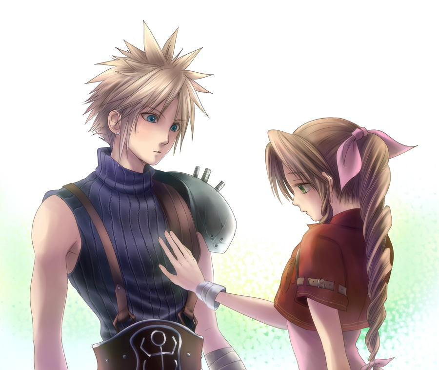 1girl, aerith_gainsborough, bad_id, blonde_hair, blue_eyes, blush, bolero, braid