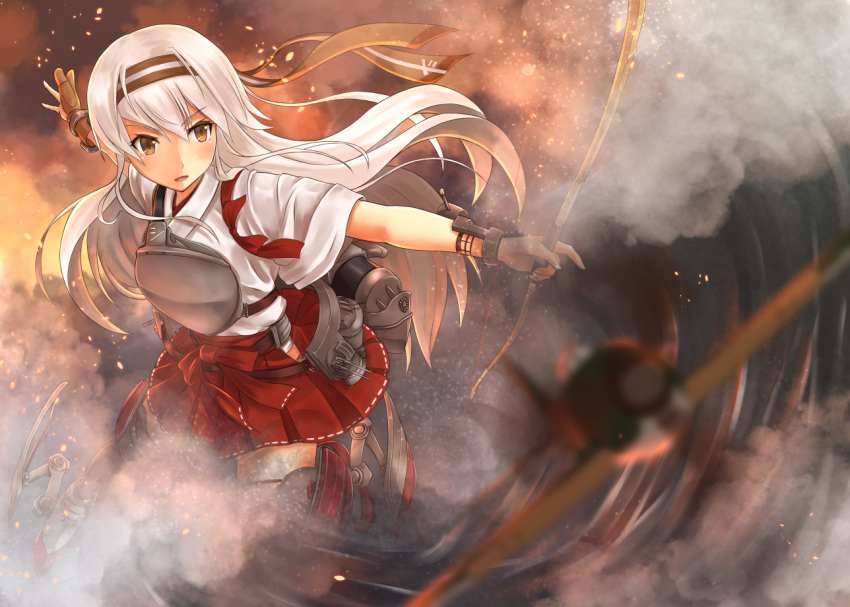 1girl, airplane, blurry, bow_(weapon), depth_of_field, ginger_(syoga), hairband, japanese_clothes