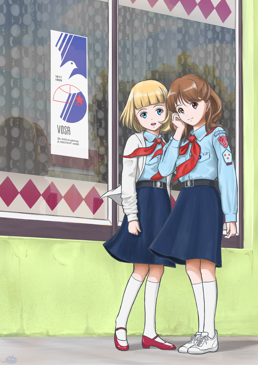 2girls, belt, blonde_hair, blue_shirt, blue_skirt, brown_hair, commentary_request, communism, curtains, czech, highres, multiple_girls, necktie, patches, pioneer, poster, red_necktie, shirt, skirt, slovakia, socks, star, uniform, window, yakazari_chinon