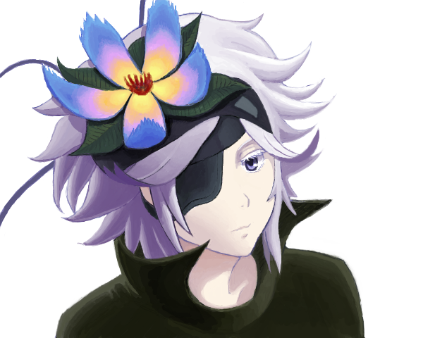 1girl, blue_eyes, cape, eyepatch, flamie_speeddraw, flower, hair_flower, hair_ornament