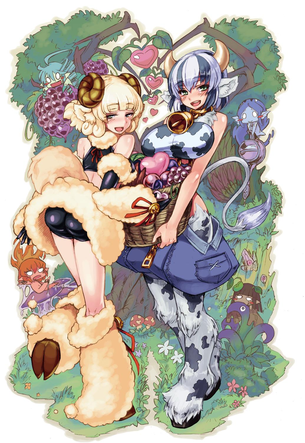 6+girls, animal_ears, ass, bare_shoulders, basket, bell, bike_shorts, blonde_hair, blue_hair, blush, breasts, brown_eyes, carrying, collar, cow_ears, detached_sleeves, food, fruit, gnome_(monster_girl_encyclopedia), highres, holstaurus, hooves, horns, ignis_(monster_girl_encyclopedia), kenkou_cross, large_breasts, looking_at_viewer, minigirl, monster_girl, monster_girl_encyclopedia, multiple_girls, sheep_ears, short_hair, shorts, smile, sylph_(monster_girl_encyclopedia), tail, undine_(monster_girl_encyclopedia), weresheep