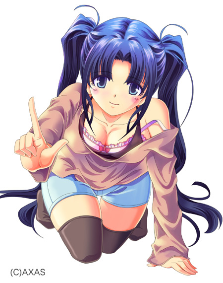 1girl, all_fours, blue_eyes, blue_hair, bra, breasts, cleavage, female