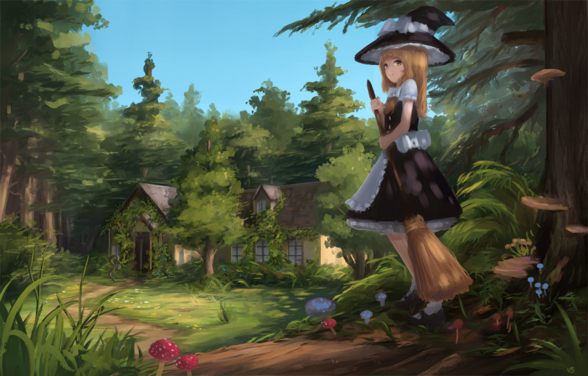 1girl, apron, black_dress, blonde_hair, blue_sky, bow, braid, broom