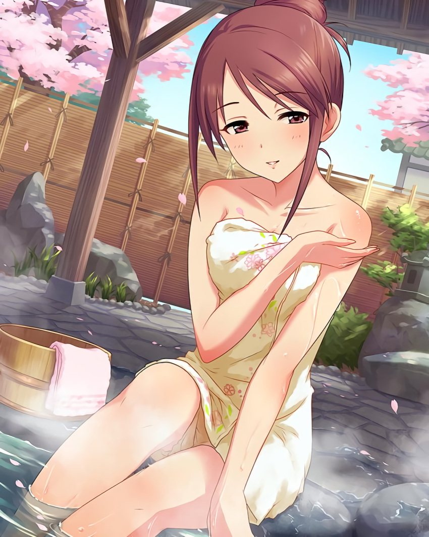 1girl, artist_request, bare_shoulders, body_blush, brown_eyes, brown_hair, cherry_blossoms, female, highres, idolmaster, idolmaster_cinderella_girls, jpeg_artifacts, looking_at_viewer, mifune_miyu, naked_towel, parted_lips, sitting, soaking_feet, solo, spa, towel, waifu2x, wash_cloth, washpan, water, wet