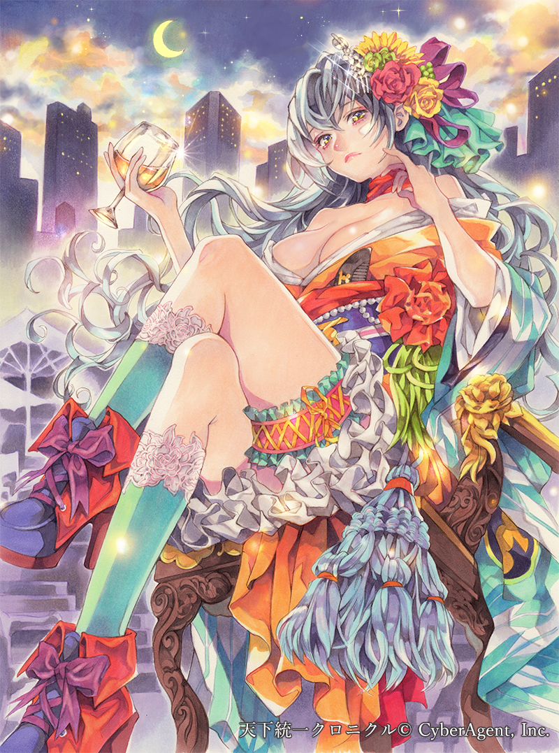 1girl, bangs, bare_shoulders, black_hair, bow, breasts, building, closed_mouth, comb, copyright_name, crescent_moon, cross-laced_footwear, crossed_legs, cup, drink, drinking_glass, eyeshadow, flower, frills, frown, garters, hair_flower, hair_ornament, hair_stick, high_heels, japanese, japanese_clothes, kimono, kneehighs, lace-up_heels, lens_flare, long_hair, makeup, memento1113, moon, night, night_sky, off_shoulder, pinky_out, purple_bow, purple_ribbon, red_lips, ribbon, short_kimono, sitting, sky, solo, teal_legwear, tenka_touitsu_chronicle, traditional_media, watercolor_(medium), wine_glass
