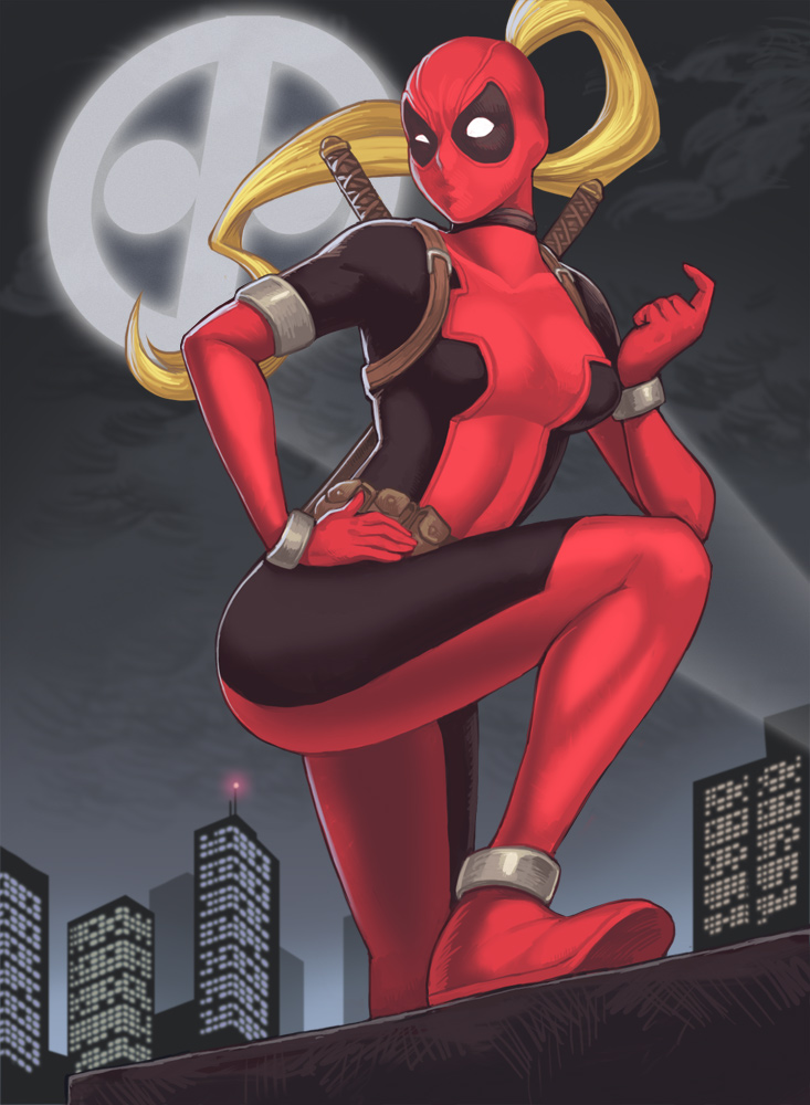1girl, blonde_hair, blue_eyes, bodysuit, breath, come_hither, hand_on_hip, lady_deadpool
