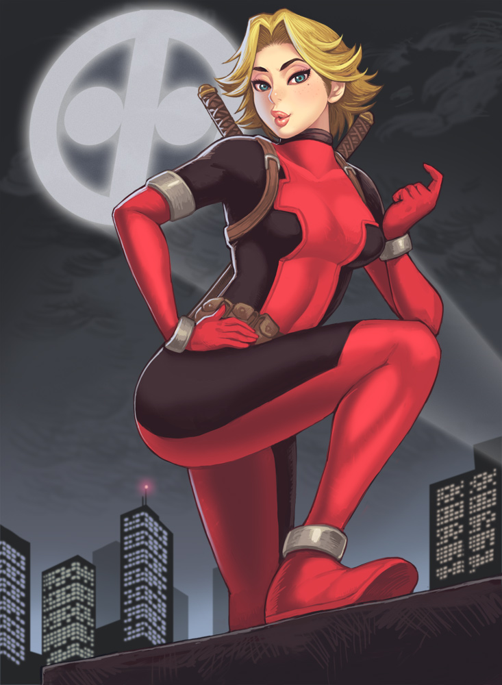 1girl, blonde_hair, blue_eyes, bodysuit, breath, come_hither, female, hand_on_hip
