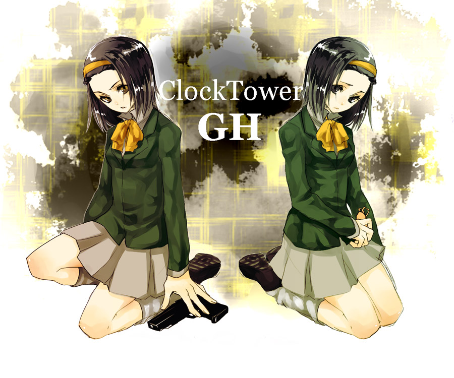 black_hair, clock, clock_tower, clock_tower_(series), clock_tower_ghost_head, dual_persona, gun, hairband