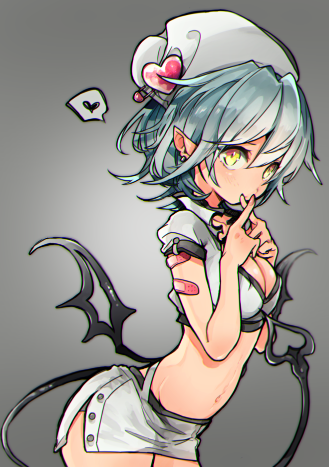1girl, arched_back, bandaid_on_arm, bangs, blue_hair, blush, closed_mouth, crossed_fingers