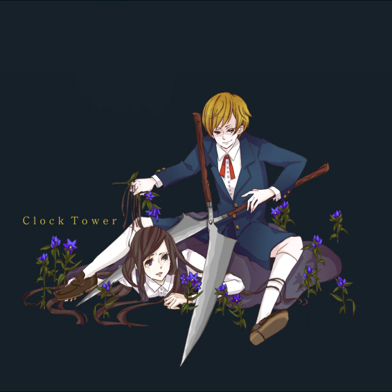 blonde_hair, bobby_barrows, clock_tower_(series), clock_tower_the_first_fear, edward_(clock_tower), flower, hair_grab, jennifer_simpson, long_hair, on_stomach, pinned, school_uniform, scissorman, scissors, short_hair, shorts, simple_background, sitting, smirk, tears, time_paradox, vein_(artist), weapon