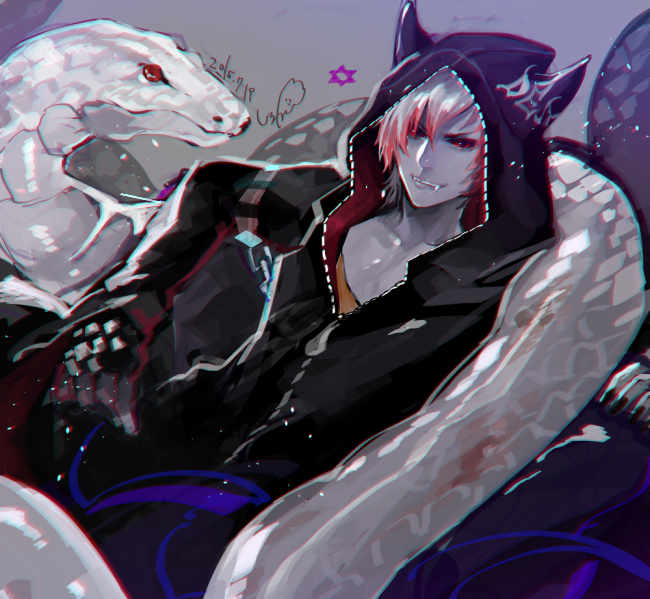 1boy, black_nails, dated, demon_mangu, fangs, fingerless_gloves, gloves, grey_background, grey_skin, hoodie, male_focus, multicolored_hair, nail_polish, red_sclera, shirafuji_kabi, show_by_rock!!, snake, two-tone_hair