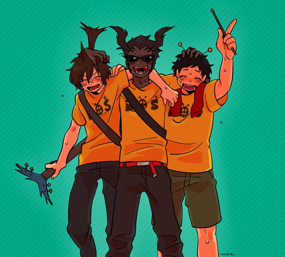 3boys, antennae, arm_around_shoulder, arms_around_neck, artist_name, black_hair, brown_hair, drumsticks