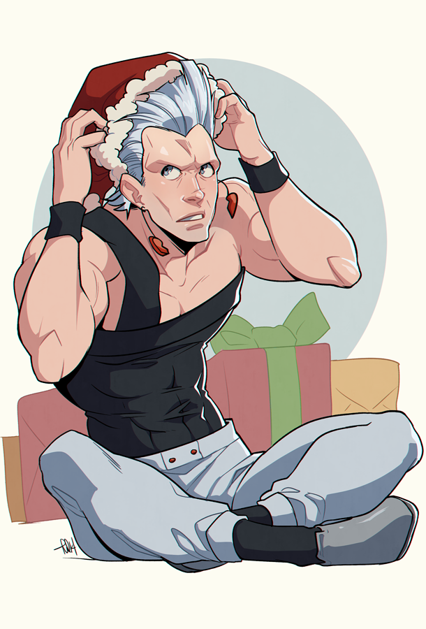 1boy, dust-bite, earrings, gift, grey_eyes, grey_hair, hat, indian_style