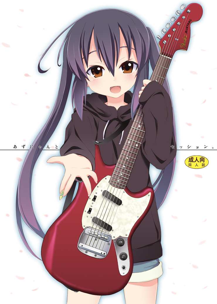 brown_eyes, guitar, hoodie, instrument, k-on!, kishiri_toworu, long_hair, mustang(guitar)