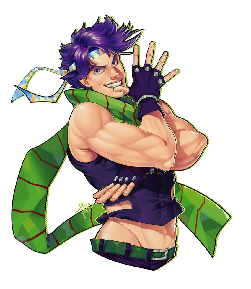 1boy, dust-bite, fingerless_gloves, gloves, grin, headband, highres, jojo_no_kimyou_na_bouken