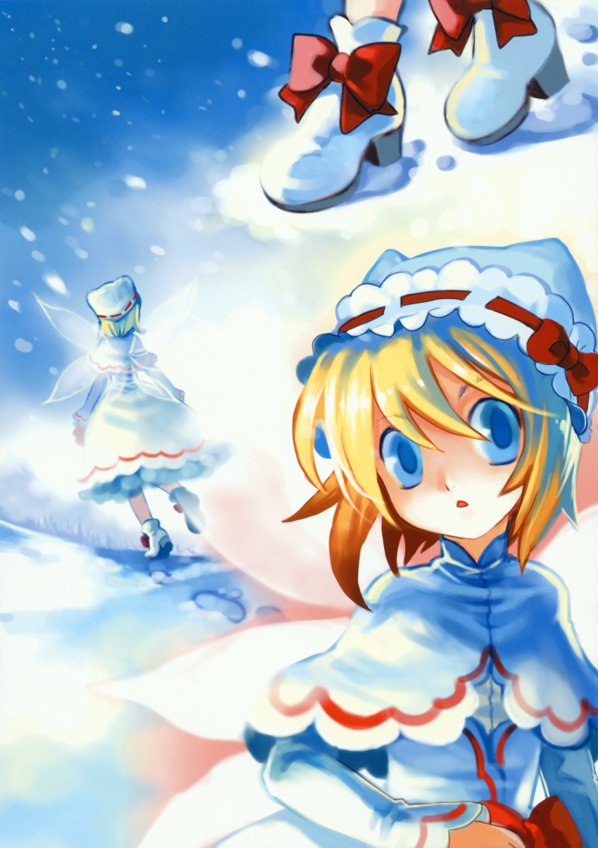 blonde_hair, blue_eyes, cat.lqe, catlqe, hat, highres, lily_white, short_hair, snow, solo, touhou, wings
