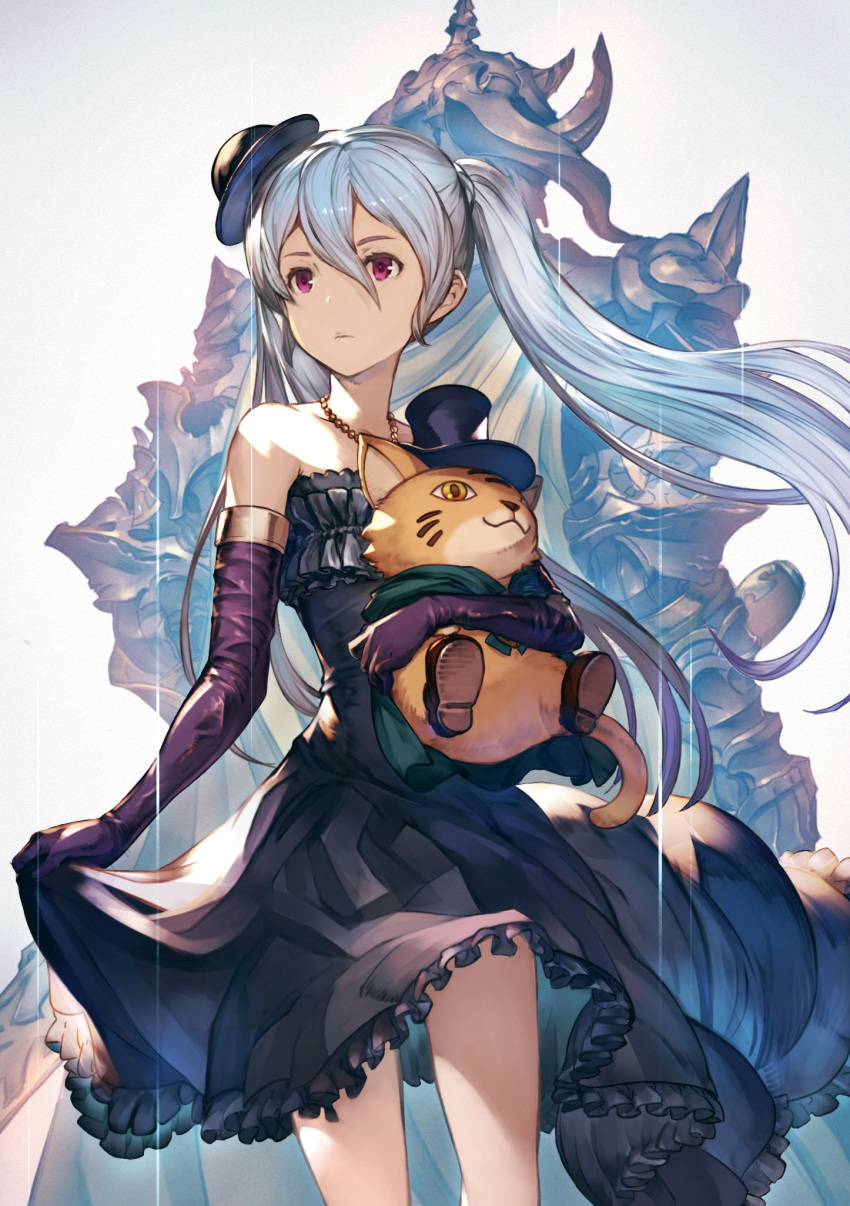 2girls, apollonia_vaar, armor, back-to-back, black_dress, dress, frilled_dress, frills, full_armor, granblue_fantasy, hat, helmet, highres, holding, horned_helmet, horns, jewelry, lavender_hair, long_hair, minaba_hideo, mini_hat, multiple_girls, necklace, official_art, orchis, pink_eyes, shingeki_no_bahamut, strapless_dress, stuffed_animal, stuffed_cat, stuffed_toy, twintails, very_long_hair