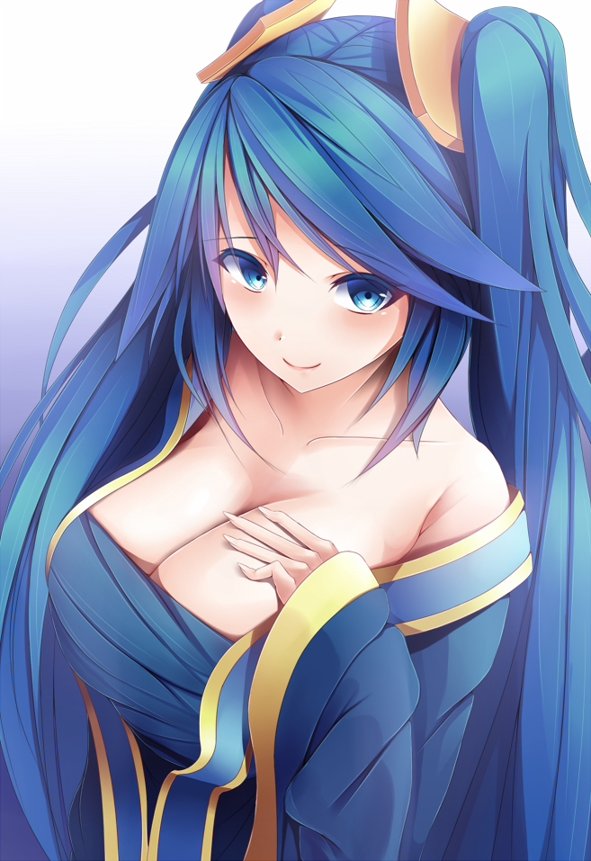 1girl, bare_shoulders, blue_eyes, blue_hair, breasts, cleavage, collarbone, hair_ornament, hand_on_own_chest, kiseno, large_breasts, league_of_legends, off_shoulder, smile, sona_buvelle, twintails, upper_body, wide_sleeves