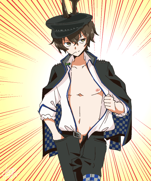 1boy, artist_name, brown_hair, cowboy_shot, emphasis_lines, gakuran, green_eyes, hand_in_pocket, hat, jacket_on_shoulders, kabutomoaki, male_focus, nipples, open_clothes, open_fly, open_shirt, peaked_cap, personification, school_uniform, shirt, shirt_pull, show_by_rock!!, smile, solo, stalk_in_mouth, straw_(stalk), unbuckled_belt, unzipped