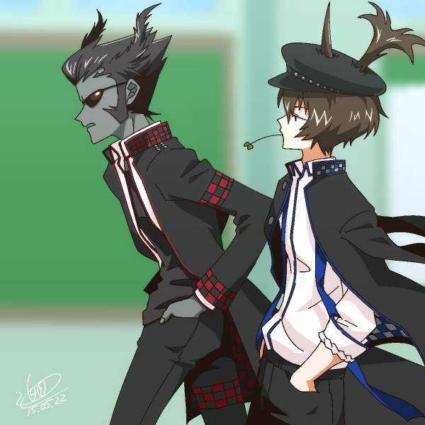 2boys, artist_name, black_hair, brown_hair, dated, gakuran, grey_skin, hands_in_pockets