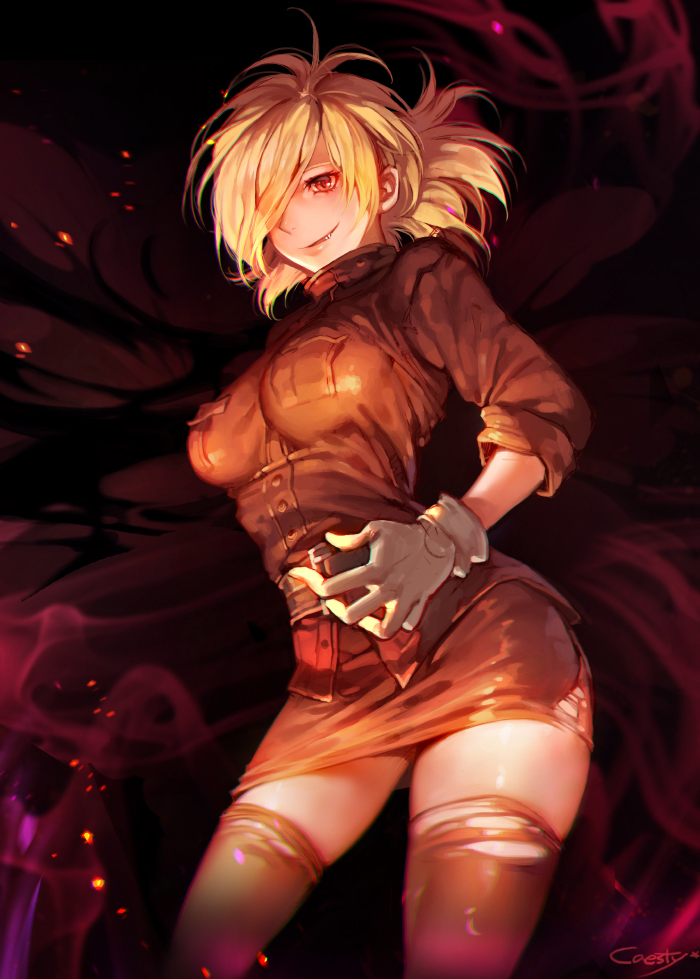1girl, blonde_hair, breasts, caesty, gloves, grin, hair_over_one_eye, hellsing, large_breasts, miniskirt, nose, red_eyes, seras_victoria, short_hair, skirt, sleeves_rolled_up, smile, smoke, solo, thigh-highs, torn_clothes, torn_thighhighs, uniform, vampire, white_gloves, zettai_ryouiki