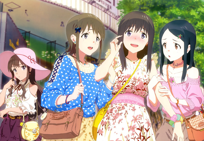 4girls, absurdres, black_eyes, black_hair, blush, brown_hair, casual, choker, hat, hayashida_airi, highres, iwasaki_shiho, multiple_girls, nyantype, official_art, pout, shimada_mayu, violet_eyes, wake_up_girls!, yoshikawa_megumi