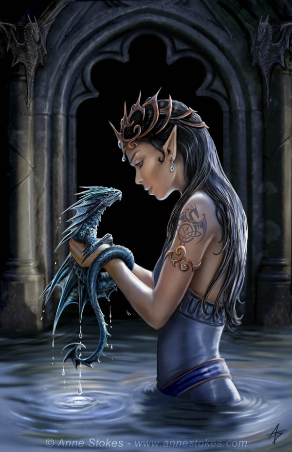 1girl, anne_stokes, artist_name, black_eyes, black_hair, dragon, dress, earrings, jewelry, looking_at_another, original, partially_submerged, pillar, pointy_ears, scales, signature, sleeveless, sleeveless_dress, tattoo, water, water_dragon, water_droplets, watermark, web_address