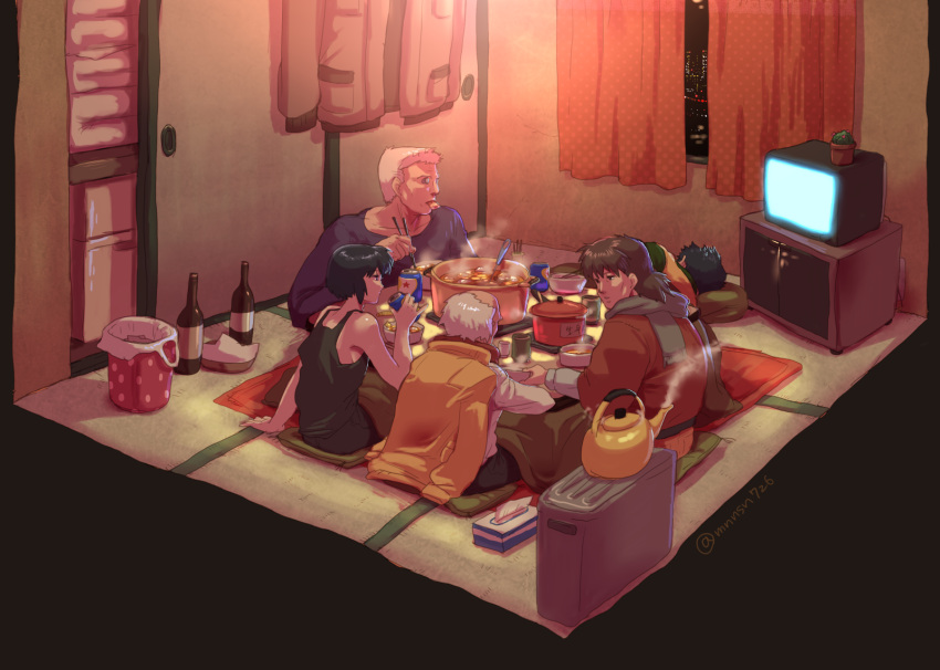 1girl, 4boys, aramaki_daisuke, batou, bottle, eating, ghost_in_the_shell, highres