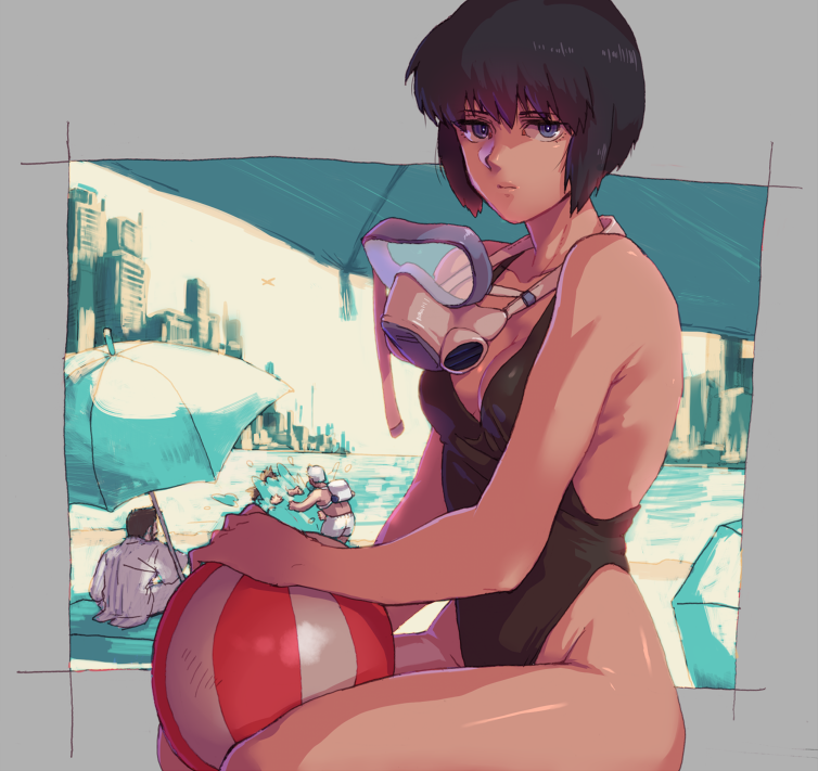 1girl, ball, beach, beachball, black_hair, blue_eyes, city, diving_mask