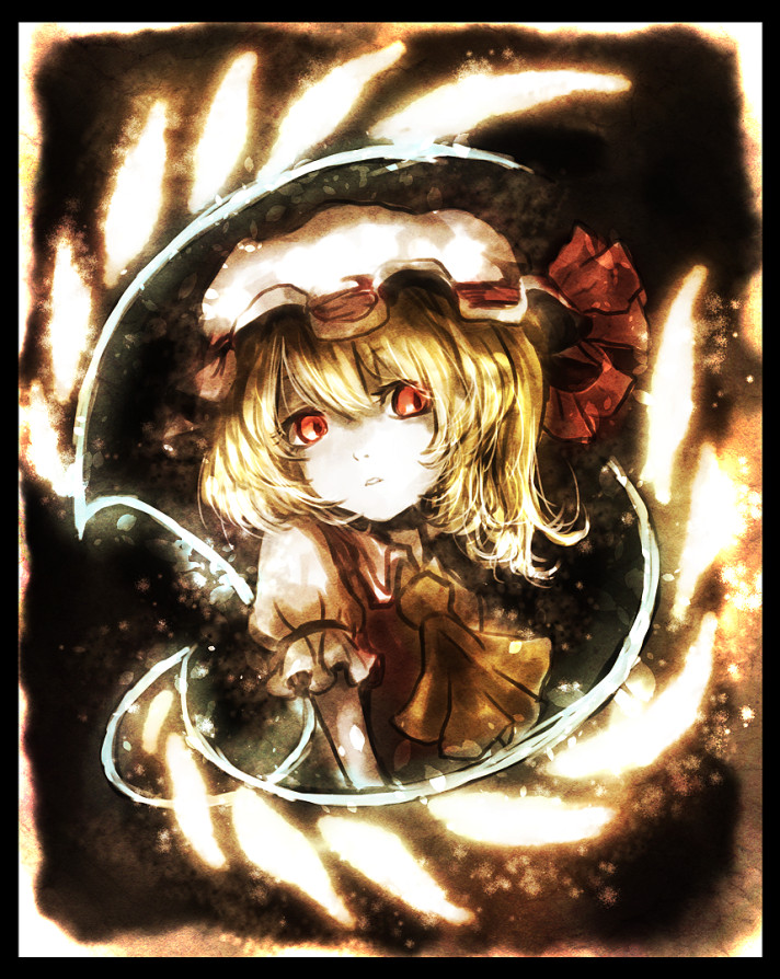 1girl, ascot, blonde_hair, border, crystal, flandre_scarlet, haiki_(hakkyoii06), hat