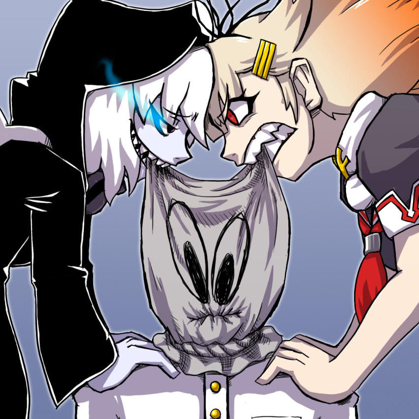 1boy, 2girls, admiral_(kantai_collection), asobou_ojisan, biting, black_serafuku, blonde_hair, fangs