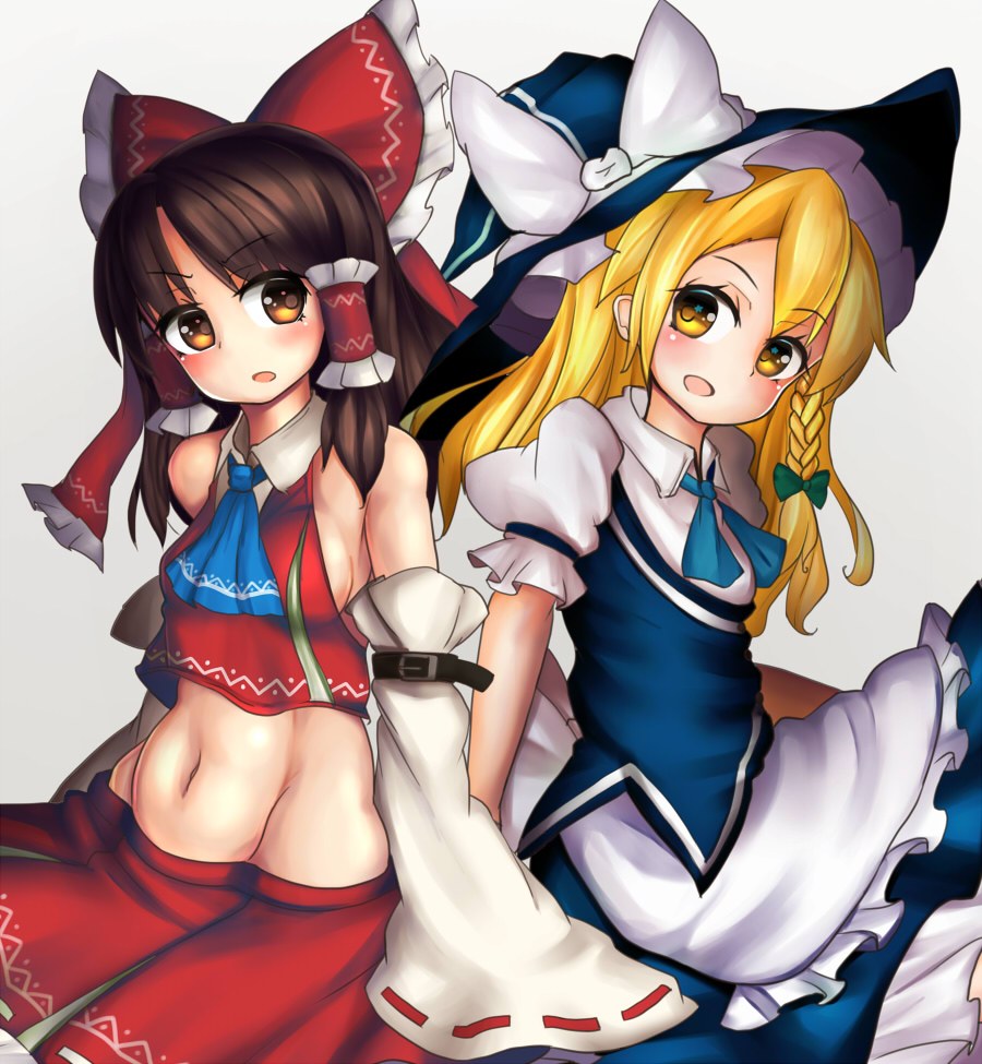 2girls, apron, ascot, belly, blonde_hair, bow, braid, breasts, brown_eyes, brown_hair, coupy_pencil_(medium), crayon_(medium), detached_sleeves, hair_bow, hair_tubes, hakurei_reimu, hat, hat_bow, kirisame_marisa, long_sleeves, looking_at_viewer, midriff, multiple_girls, navel, open_mouth, puffy_short_sleeves, puffy_sleeves, shirt, short_sleeves, sideboob, single_braid, skirt, skirt_set, touhou, vest, waist_apron, wide_sleeves, witch_hat, yellow_eyes, zibun_owl