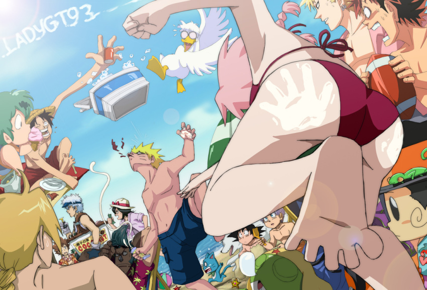 2girls, 6+boys, artist_name, beach, bikini, bleach, blood, cooler