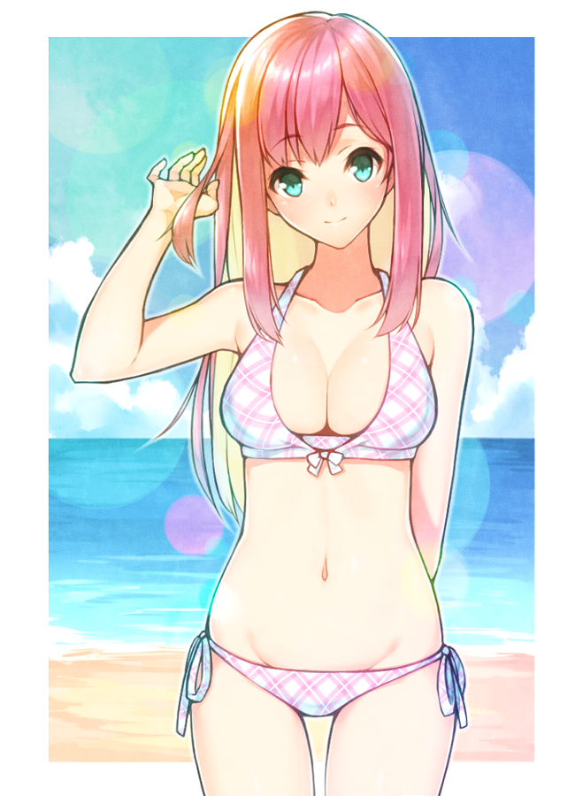 1girl, aqua_eyes, beach, bikini, breasts, cleavage, lens_flare, long_hair