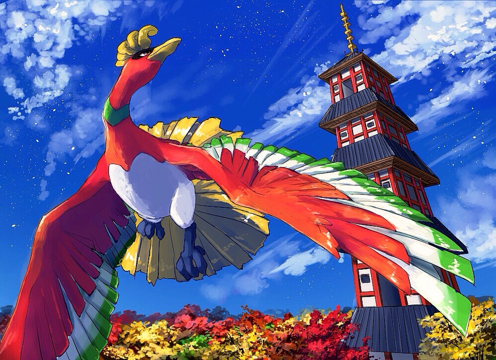 autumn, bird, clouds, forest, ho-oh, nature, no_humans, pippi_(pixiv_1922055), pokemon, pokemon_(creature), sky, solo, tower, wind