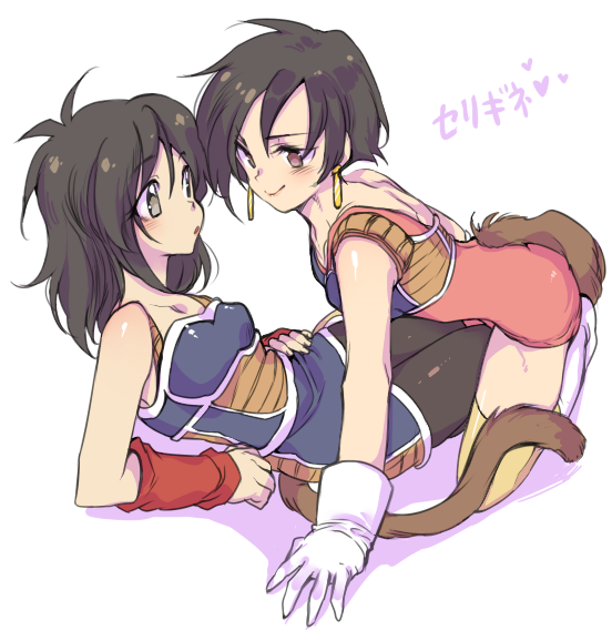 2girls, armor, ayo_(isy8800), black_hair, brown_eyes, dragon_ball, dragon_ball_z, earrings, gine, gloves, grey_eyes, jewelry, multiple_girls, seripa, short_hair, tail, thigh-highs, translation_request, white_gloves, wristband, yuri