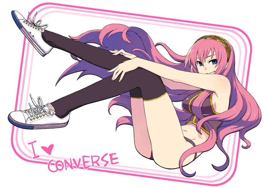 1girl, bare_shoulders, bikini_bottom, black_legwear, blue_eyes, chan&times;co, chan_co, converse