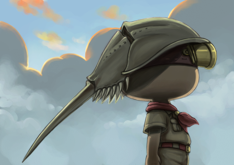 belt, bukichi_(splatoon), goggles, helmet, horseshoe_crab, naru_(wish_field), scarf, sky