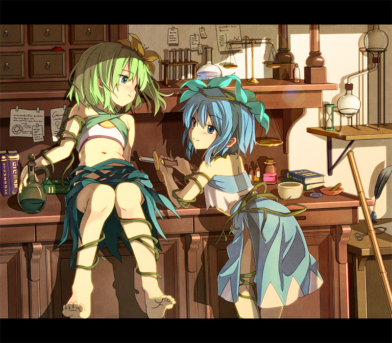 2girls, adapted_costume, alternate_costume, alternate_headwear, barefoot, blue_eyes, blue_hair, blush, border, cirno, crop_top, crop_top_overhang, dagger, daiyousei, eye_contact, flower, green_eyes, green_hair, gyokuto_b, hair_flower, hair_ornament, letterboxed, looking_at_another, midriff, multiple_girls, navel, no_wings, paper, plant_girl, short_hair, side_ponytail, sitting, skirt, skirt_set, sleeveless, smile, touhou, weapon