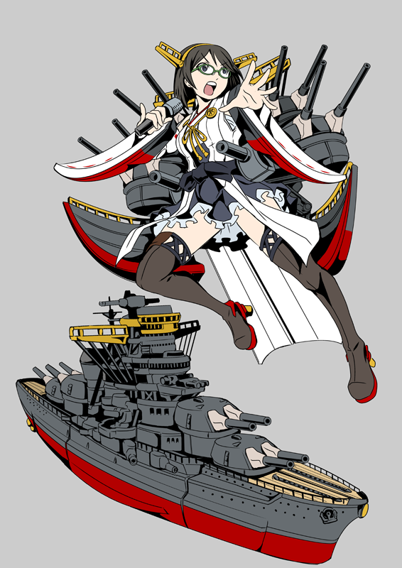 1girl, bare_shoulders, battleship, black_hair, detached_sleeves, glasses, hairband, headgear