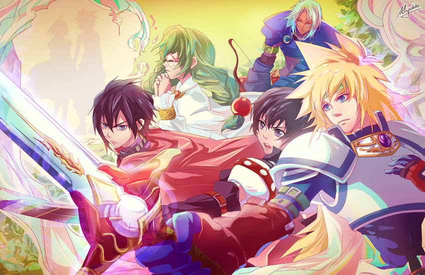 3girls, 4boys, armor, black_hair, blonde_hair, blue_eyes, blue_hair, cape