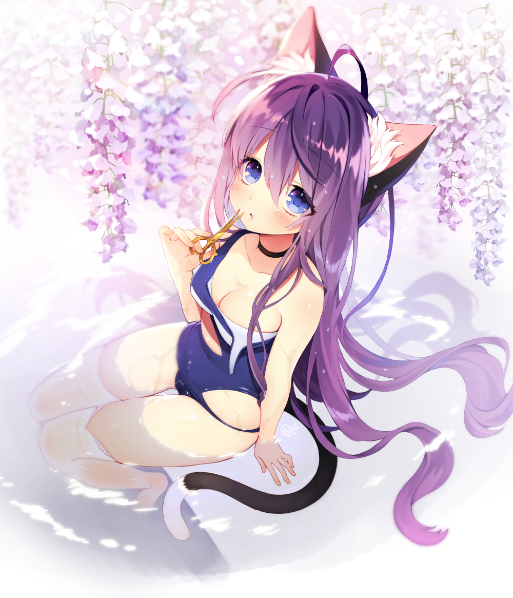 1girl, ahoge, animal_ears, blue_eyes, blush, breasts, byulzzimon, cat_ears