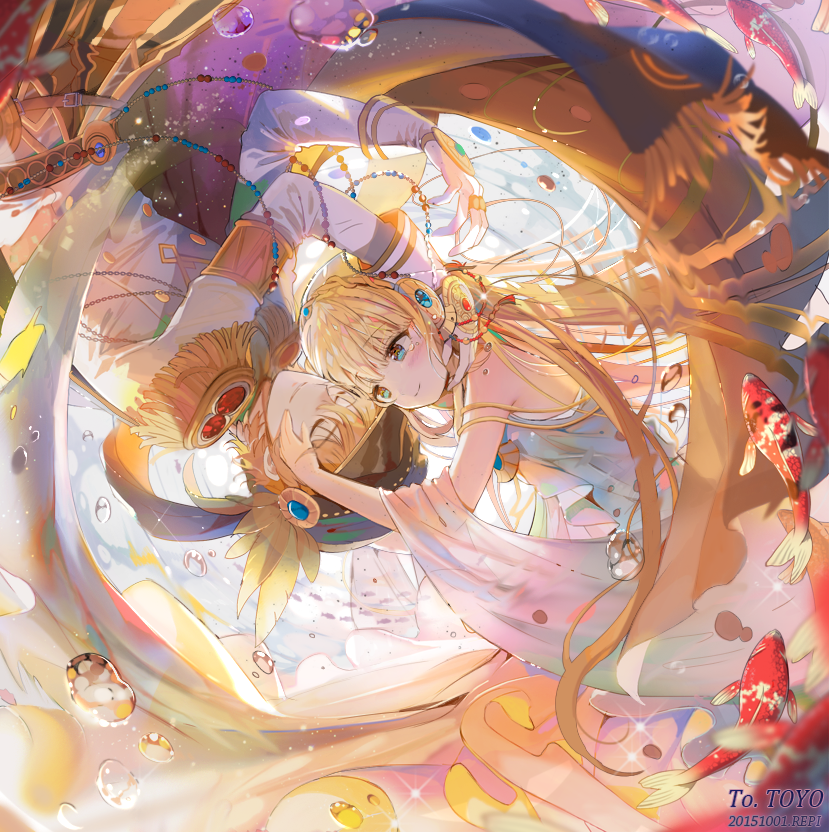 1boy, 1girl, aiguillette, aria_(maplestory), armlet, bangs, belt, blonde_hair