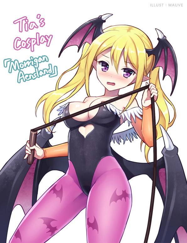 1girl, bare_shoulders, bat_print, blonde_hair, blush, breasts, bridal_gauntlets, cleavage, cosplay, demon_girl, demon_wings, head_wings, large_breasts, leotard, long_hair, looking_at_viewer, mauve, morrigan_aensland, morrigan_aensland_(cosplay), open_mouth, pantyhose, pointy_ears, potion_maker, print_legwear, simple_background, solo, tia_(potion_maker), twintails, vampire_(game), violet_eyes, whip, white_background, wings