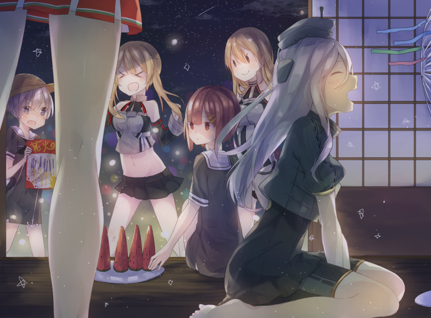 6+girls, bismarck_(kantai_collection), blonde_hair, brown_eyes, brown_hair, electric_fan, food, fruit