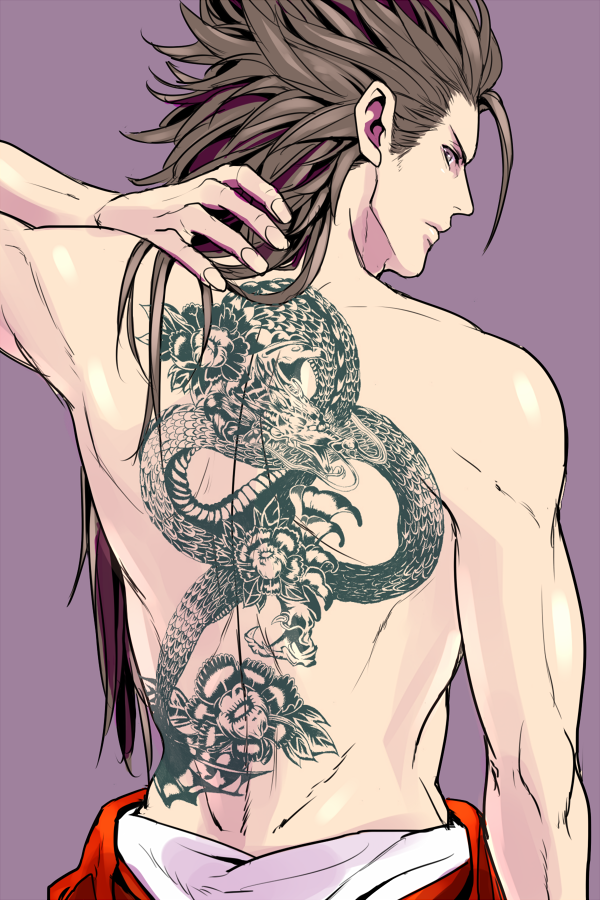 1boy, brown_eyes, brown_hair, fire_emblem, fire_emblem_if, long_hair, purple_background, ryouma_(fire_emblem_if), shirtless, simple_background, solo, tattoo, u_(lastcrime)